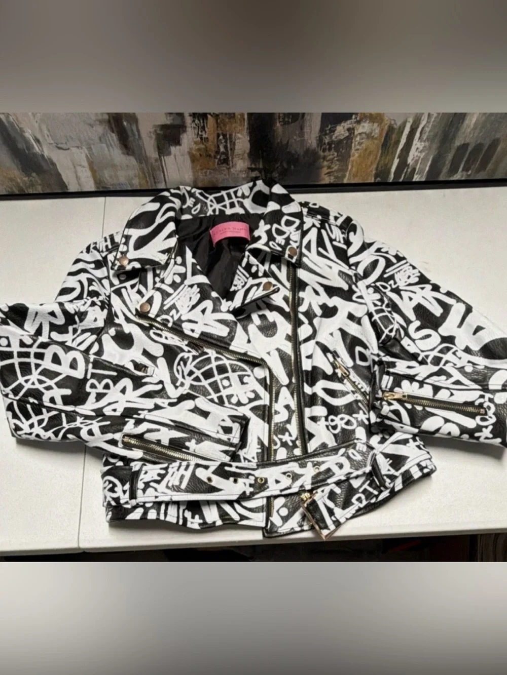 Azalea Wang No Game Graffiti-Print Black & White Faux Leather Moto Jacket. - Picture 4 of 8